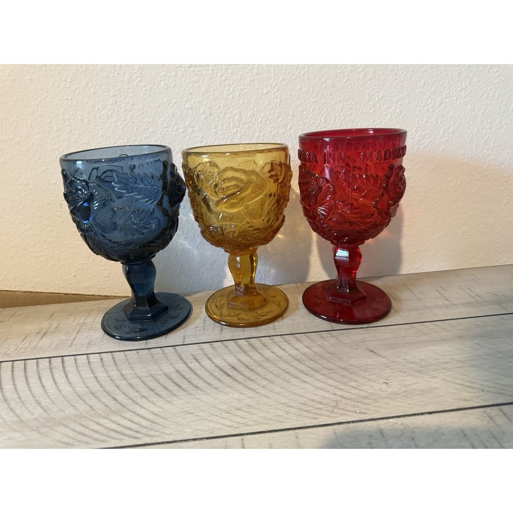 3 Madonna Inn Goblet Fenton L.G. Wright Wild Rose Red, Blue And Yellow